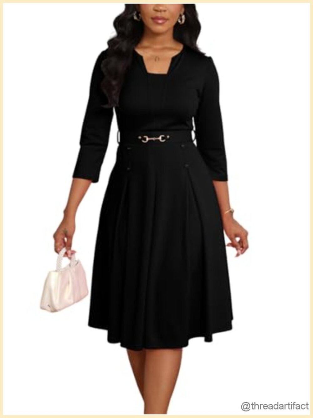 3/4 Sleeve A-Line Midi Dress with Belt, Semi Formal Fit & Flare Dress